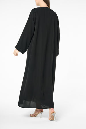 Black farasha crepe Abaya with Embroidered Front and Pintuck Detail