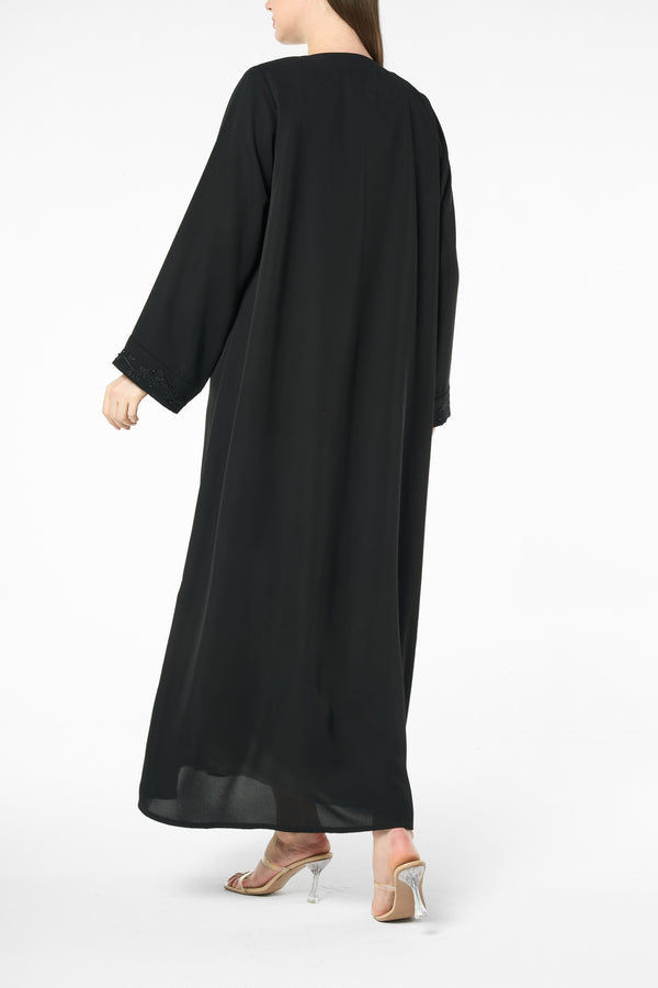 Black farasha crepe Abaya with Embroidered Front and Pintuck Detail