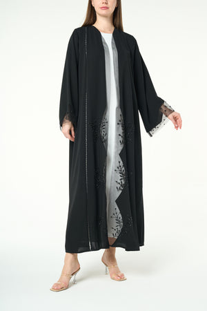 Black Royal Nada Custom Abaya, Front and Sleeve Beadwork