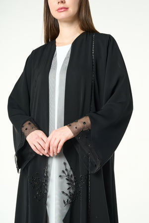 Black Royal Nada Custom Abaya, Front and Sleeve Beadwork