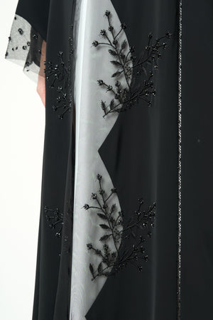 Black Royal Nada Custom Abaya, Front and Sleeve Beadwork