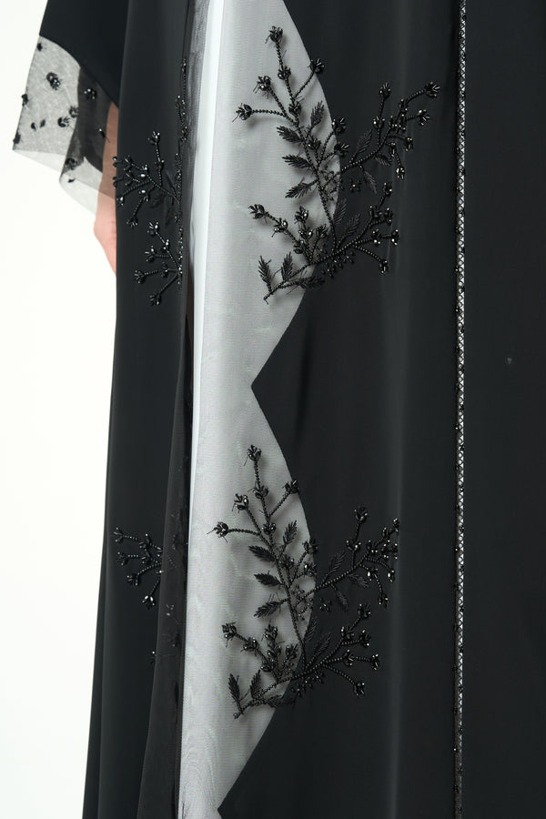 Black Royal Nada Custom Abaya, Front and Sleeve Beadwork