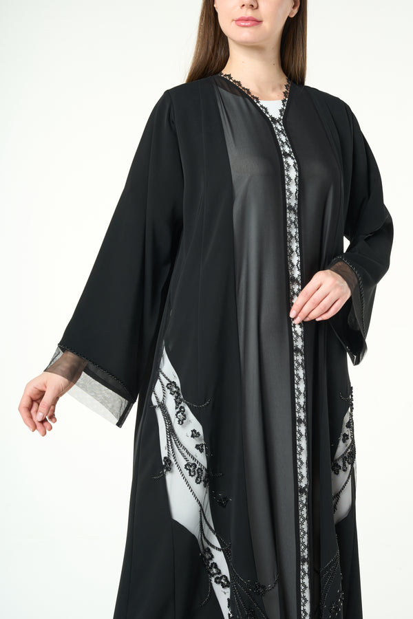 Black Royal Nada Custom Abaya, Side Beadwork Panels