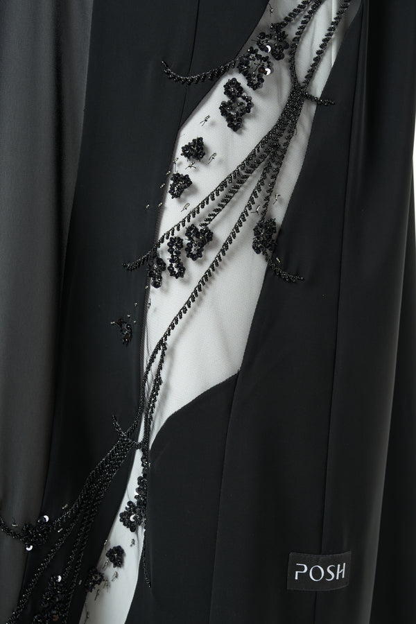 Black Royal Nada Custom Abaya, Side Beadwork Panels