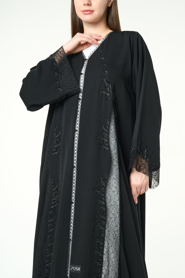 Black Royal Nada Abaya with Leaf Beadwork