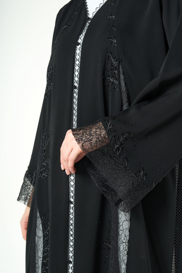 Black Royal Nada Abaya with Leaf Beadwork