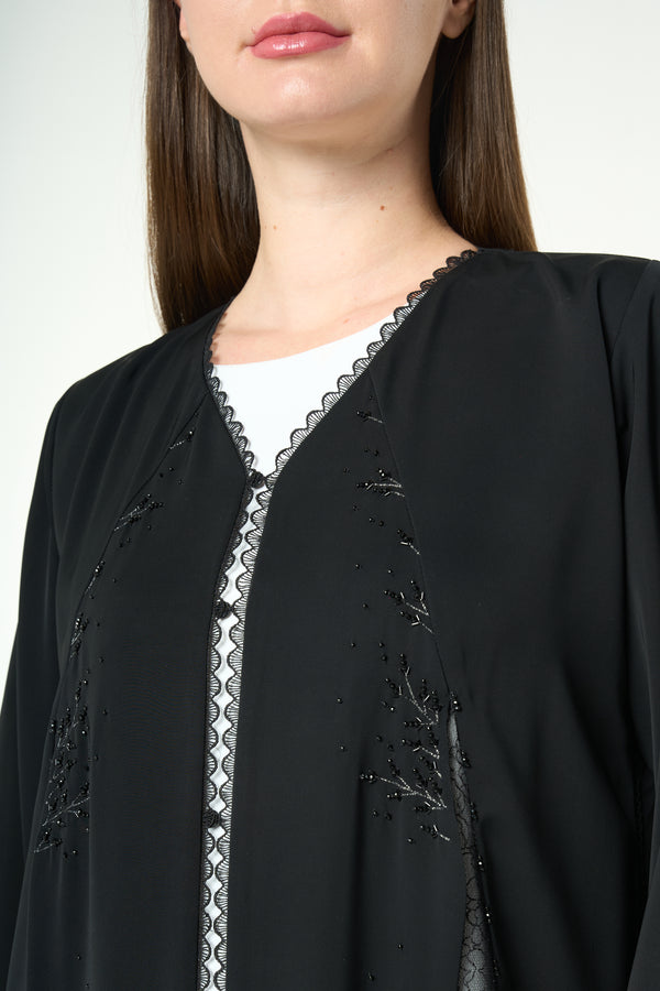 Black Royal Nada Custom Abaya, Front and Side Beadwork with Lace