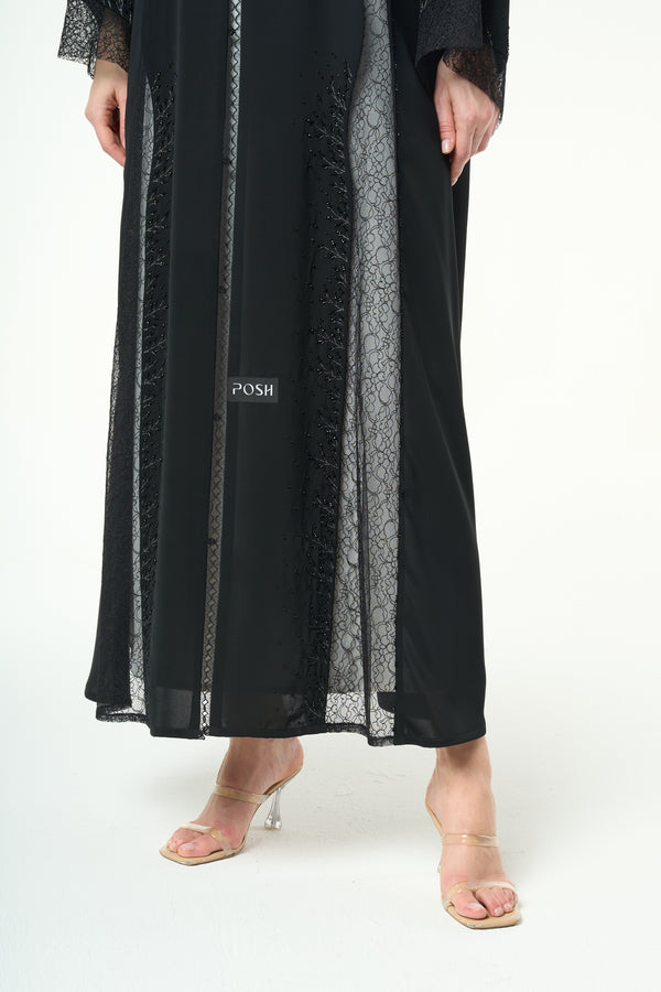 Black Royal Nada Custom Abaya, Front and Side Beadwork with Lace