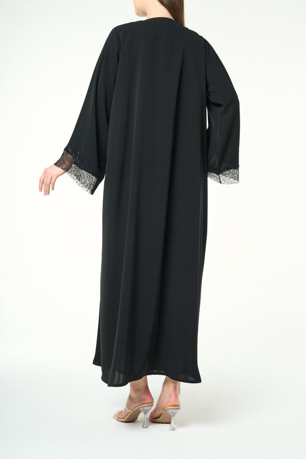 Black Royal Nada Custom Abaya, Front and Side Beadwork with Lace