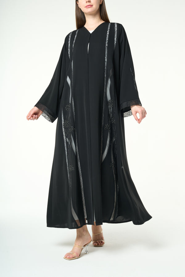 Black Royal Nada Abaya with Embellished Flow Lines