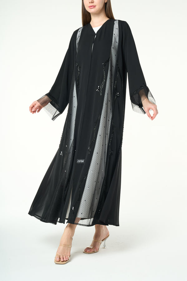 Black Royal Nada Abaya with Linear Beadwork