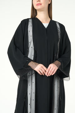 Black Royal Nada Custom Abaya, Front and Side Beadwork
