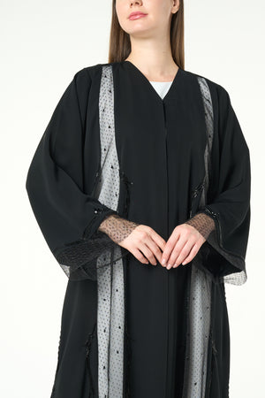 Black Royal Nada Custom Abaya, Front and Side Beadwork