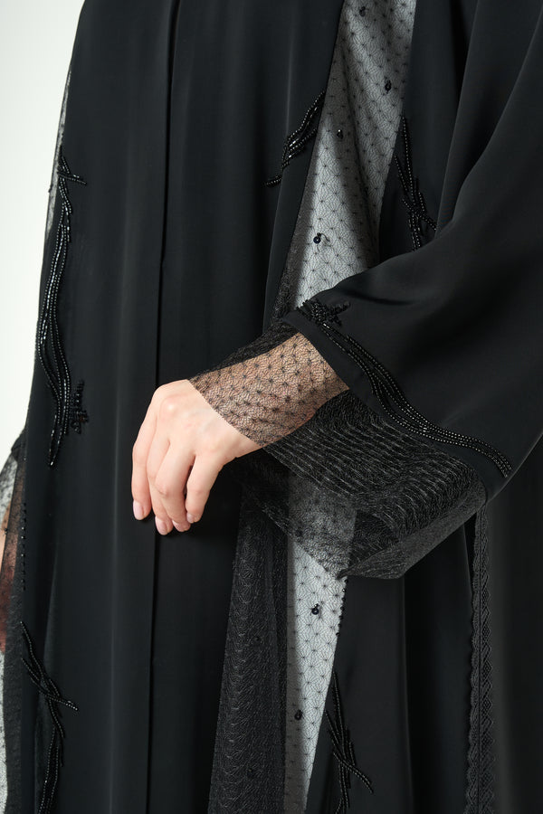 Black Royal Nada Custom Abaya, Front and Side Beadwork