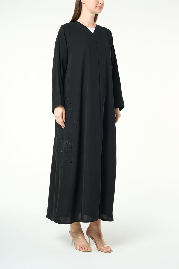 Black Farasha Crepe, Side Embroidery Detail