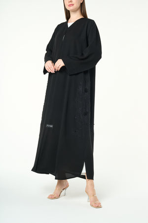 Black Farasha Crepe, Side Embroidery Detail
