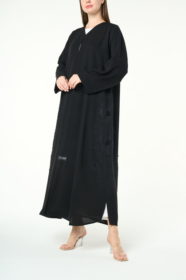 Black Farasha Crepe, Side Embroidery Detail