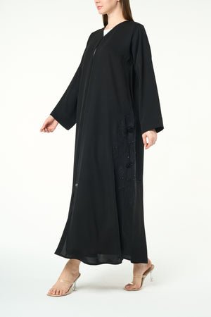 Black Farasha Crepe, Side Embroidery Detail