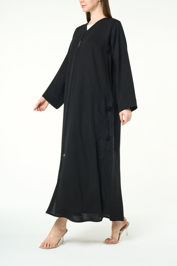 Black Farasha Crepe, Side Embroidery Detail