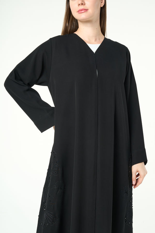 Black Farasha Crepe, Side Embroidery Detail