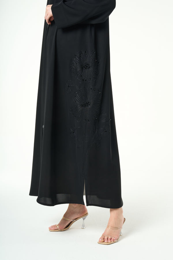 Black Farasha Crepe, Side Embroidery Detail