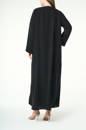 Black Farasha Crepe, Side Embroidery Detail