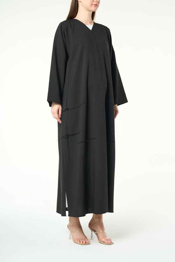 Black Kadi Custom Abaya with Cross Bead Embroidery