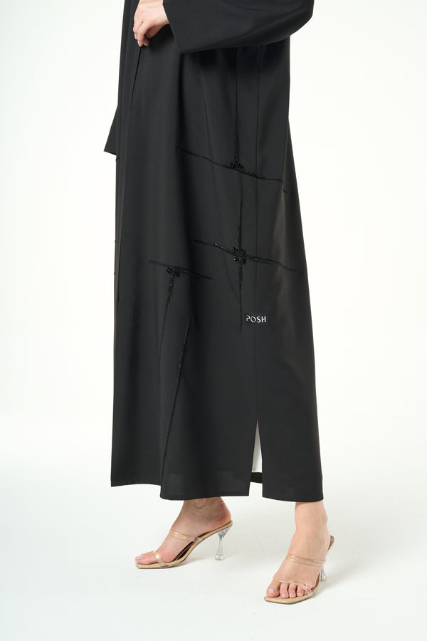 Black Kadi Custom Abaya with Cross Bead Embroidery
