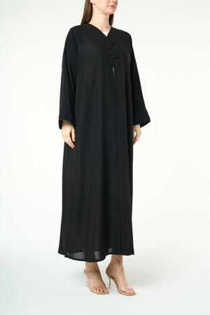 Black Shafa Crepe Abaya with Wave-Cut Button Detail