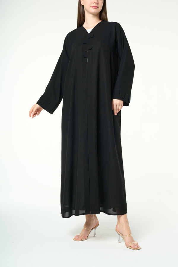 Black Shafa Crepe Abaya with Wave-Cut Button Detail