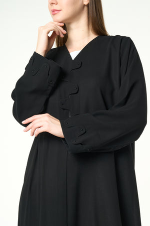 Black Shafa Crepe Abaya with Wave-Cut Button Detail