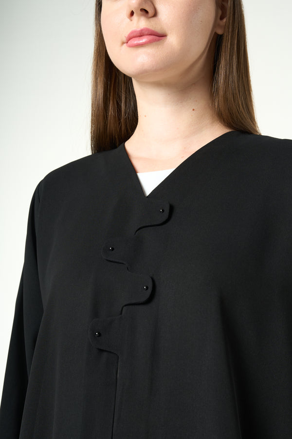 Black Shafa Crepe Abaya with Wave-Cut Button Detail