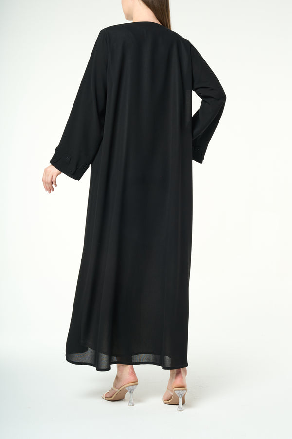 Black Shafa Crepe Abaya with Wave-Cut Button Detail