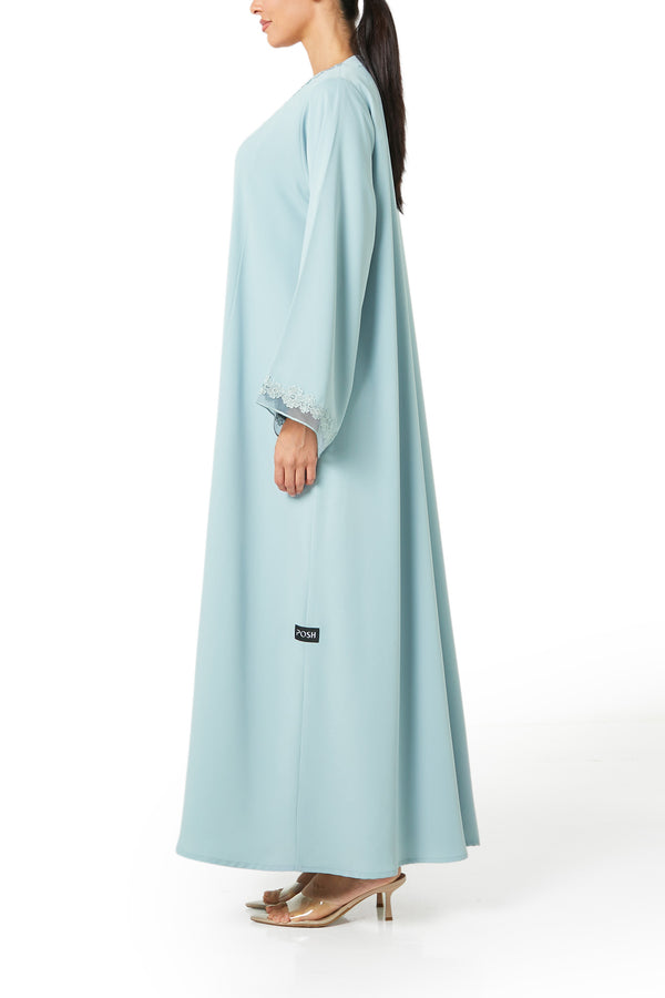 Green Atlas Crepe Abaya, Lace Detail