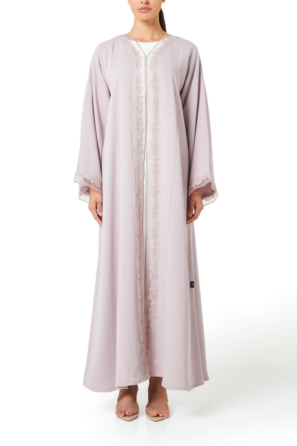 Pink Atlas Crepe Abaya, Lace Detail