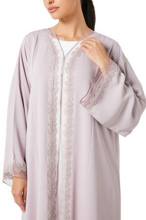 Pink Atlas Crepe Abaya, Lace Detail