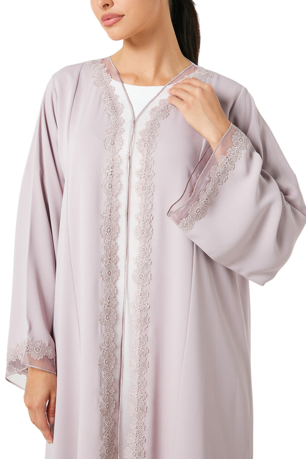 Pink Atlas Crepe Abaya, Lace Detail