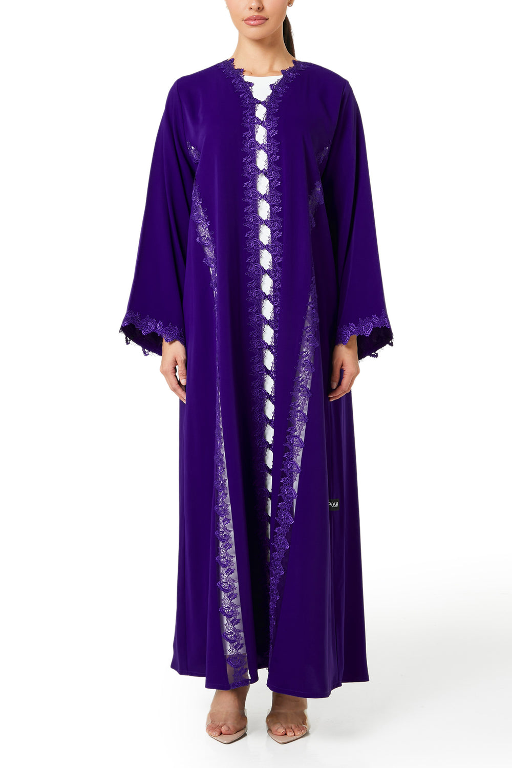 Purple Atlas Crepe Abaya, Lace Detail
