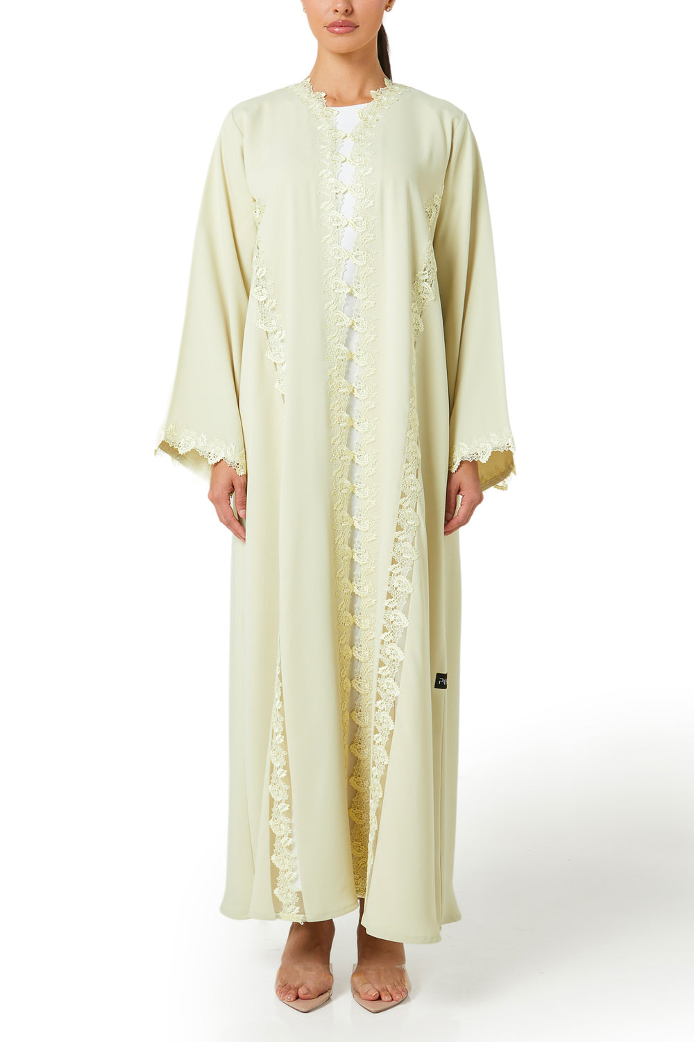 Yellow Atlas Crepe Abaya, Lace Detail