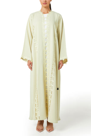 Yellow Atlas Crepe Abaya, Lace Detail