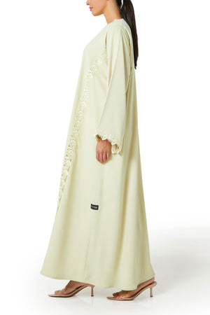 Yellow Atlas Crepe Abaya, Lace Detail