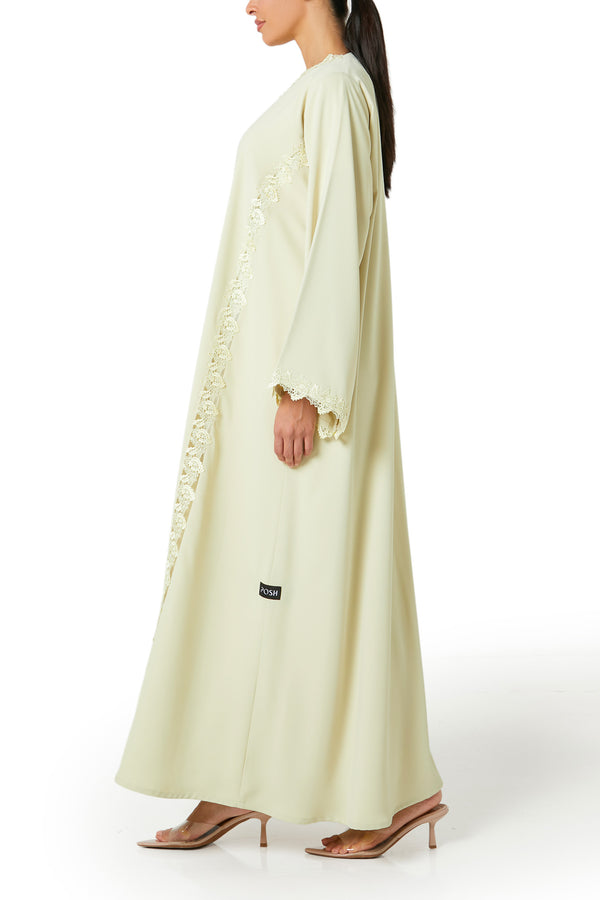 Yellow Atlas Crepe Abaya, Lace Detail