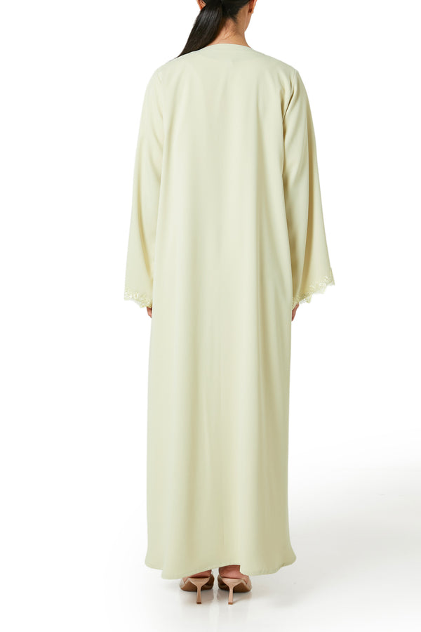 Yellow Atlas Crepe Abaya, Lace Detail