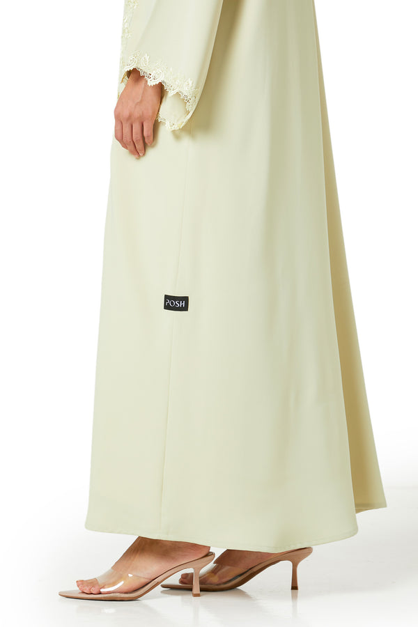 Yellow Atlas Crepe Abaya, Lace Detail