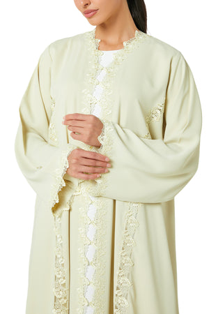 Yellow Atlas Crepe Abaya, Lace Detail