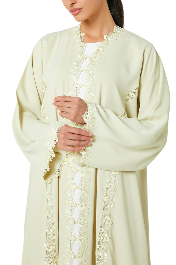 Yellow Atlas Crepe Abaya, Lace Detail