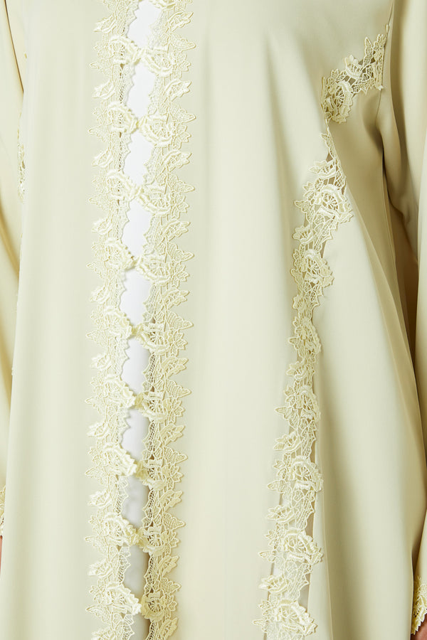 Yellow Atlas Crepe Abaya, Lace Detail