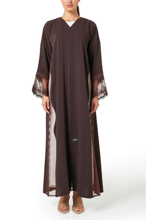 Brown Isra Crepe Abaya, Lace Detail