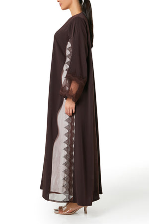 Brown Isra Crepe Abaya, Lace Detail