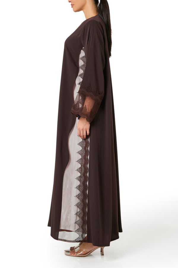 Brown Isra Crepe Abaya, Lace Detail